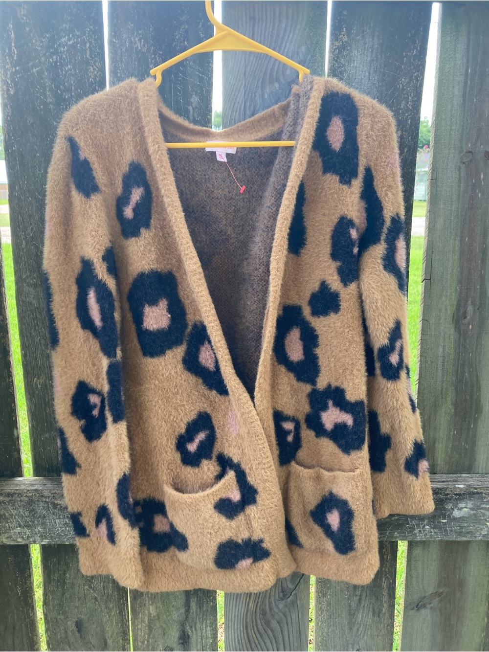 Design History Brown Fuzzy Leopard-Print Open Cardigan with Navy and Pink Spots